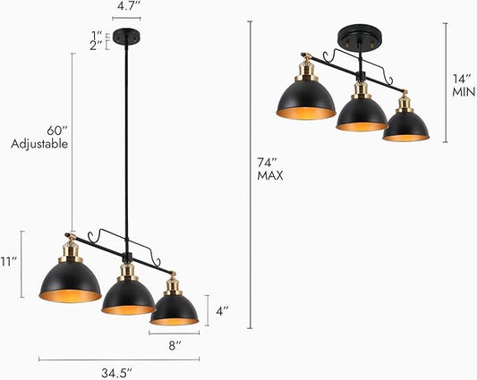 KSANA Chandeliers for Dining Room, 3-Light Linear Kitchen Island Pendant Lighting, 34.5 Inch Large Black and Gold Pool Table Lighting Fixture Hanging