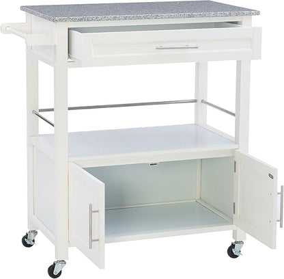Linon Kyler White Granite Topped Kitchen Cart with Lockable Casters and Hidden Storage Spaces