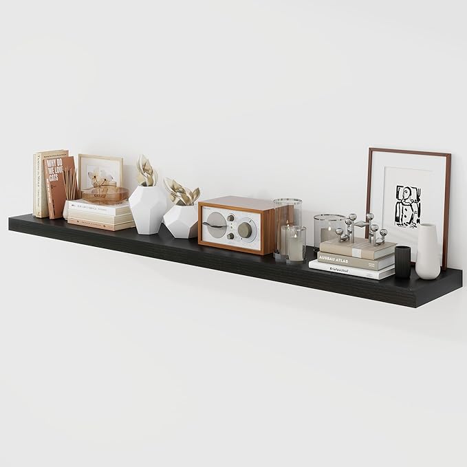 Acovy 55 Inch Floating Shelves, 9.3" Deep Floating Shelf Wall Mounted, 56" Wall Shelves, Rustic Deep Bookshelf, Large Display Shelves & Storage Shelves for Bedroom, Living Room, Black, Set of 1