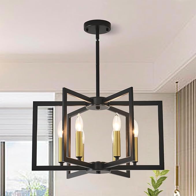 6-Light Black Chandelier for Dining Room Light Fixture Over Table Modern Geometric Industrial Meta Pendant Light Fixture Hanging Lighting for Dining Room,Living Rooms,Villas,Entryway