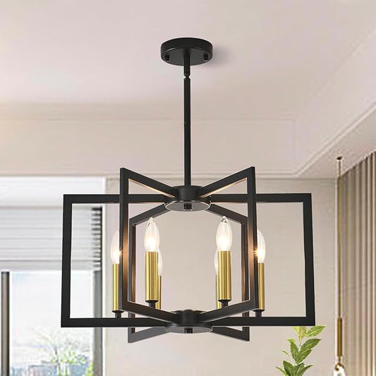 6-Light Black Chandelier for Dining Room Light Fixture Over Table Modern Geometric Industrial Meta Pendant Light Fixture Hanging Lighting for Dining Room,Living Rooms,Villas,Entryway
