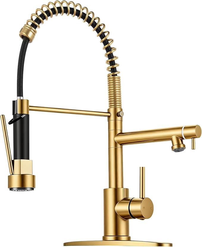 Kitchen Faucet with Pull Down Sprayer - Brushed Gold Single Handle Commercial Kitchen Faucets, 2-Spout Kitchen Sink Faucet, Stainless Steel Spring Pull Out Sink Faucet 1/3 Hole