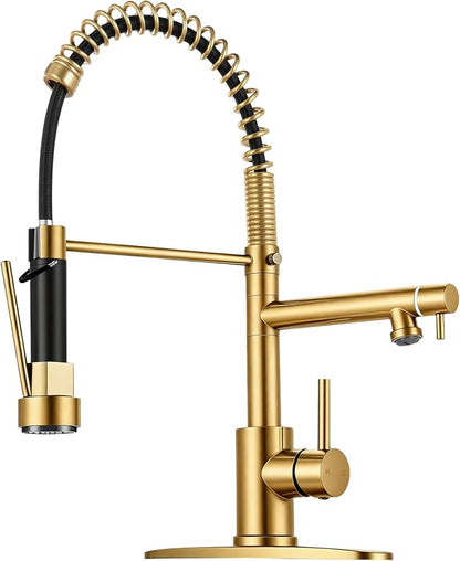Kitchen Faucet with Pull Down Sprayer - Brushed Gold Single Handle Commercial Kitchen Faucets, 2-Spout Kitchen Sink Faucet, Stainless Steel Spring Pull Out Sink Faucet 1/3 Hole