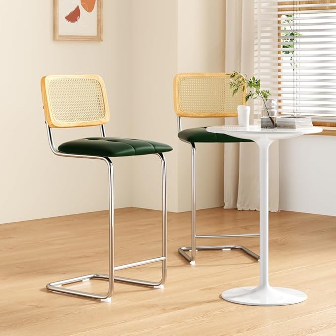 Counter Height Bar Stools Set of 2, Upholstered PU Leather Barstools with Rattan Back, for Kitchen Island, Black (Green + Metal + Rattan + Rattan+Metal + Modern)