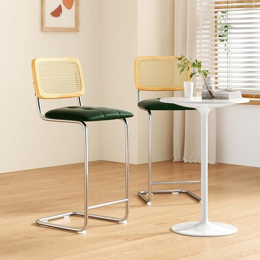 Counter Height Bar Stools Set of 2, Upholstered PU Leather Barstools with Rattan Back, for Kitchen Island, Black (Green + Metal + Rattan + Rattan+Metal + Modern)