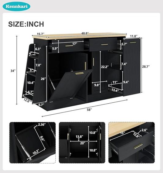 58'' Multi-Functional Storage Sideboard with Trash Can Storage and Adjustable Shelves, Console Table with Sliding Door Cabinet, Kitchen Island with 3-Tier Spice Rack for Dining Room (Black)