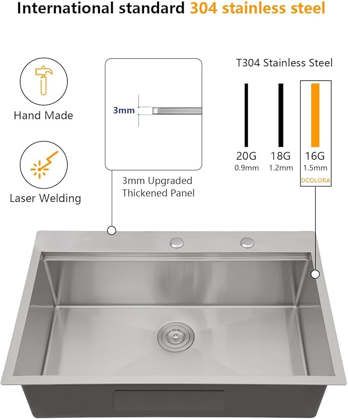 Dcolora 28 In. Drop In Kitchen Sink Stainless Steel Single Bowl Workstation Sinks Topmount, Round Corner 28"x22"x10" #DC-T7744