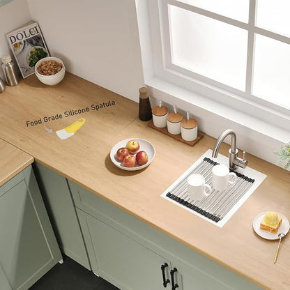 13x15 Inch Drop In Bar Sink, White Granite Composite Quartz Drop In Sink RV Wet Bar Prep Sink Quartz Topmount Single Bowl Kitchen Basin with Small Rubber Squeegee