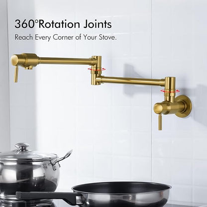 Wall Mount Spout Cold Water Only Double Lever Handle Brushed Brass Kitchen Sink Faucet Stove, Pot Filler Faucet with Dual Joint Swing Armk Sink Faucet, Brushed Old Gold-PVD
