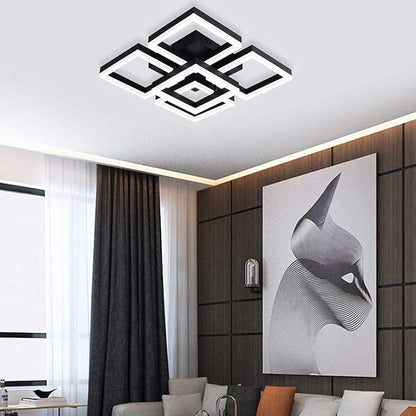 Garwarm Modern LED Ceiling Light, Black Flush Mount Light Fixtures,64W Ceiling Lamp for Living Room Bedroom Dining Room, 5 Square Metal Acrylic Surface Mount Chandelier Cool White 6000K