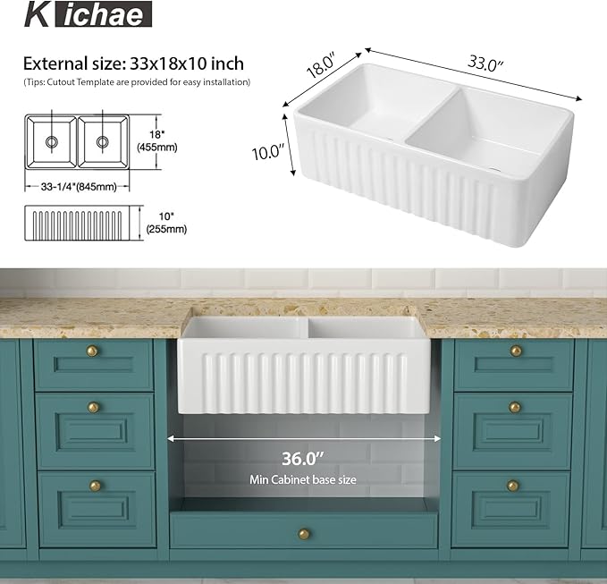 33 White Farmhouse Sink Double Bowl - Kichae 33 Inch Kitchen Sink Reversible Apron Front Fireclay Ceramic Porcelain White Double Basin 50/50 Kitchen Sink with Accessories