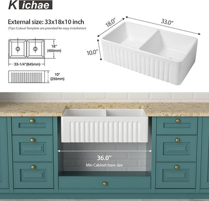 33 White Farmhouse Sink Double Bowl - Kichae 33 Inch Kitchen Sink Reversible Apron Front Fireclay Ceramic Porcelain White Double Basin 50/50 Kitchen Sink with Accessories