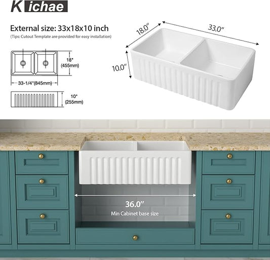 33 White Farmhouse Sink Double Bowl - Kichae 33 Inch Kitchen Sink Reversible Apron Front Fireclay Ceramic Porcelain White Double Basin 50/50 Kitchen Sink with Accessories