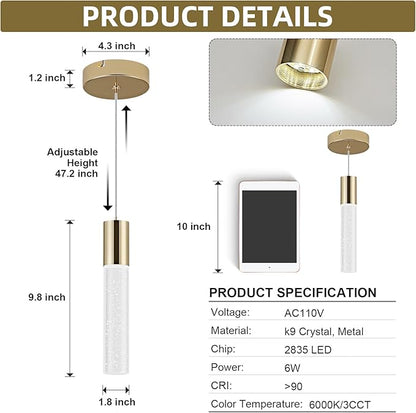 OKELI Modern Pendant Light,3 Color LED Bubble Crystal Island Light Fixtures,Gold Mini 3CCT Pendant Lighting for Kitchen Island,Bar,6W,3000-6000K,ETL(3 Pack