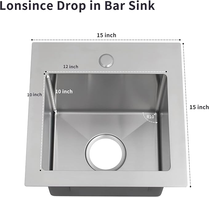 Drop In Bar Sink 15 X 15 inch,16 Gauge Stainless Steel Bar Sink,Outdoor Small RV Sinks,Top Mount Prep Sink for Wet Bar Area (15" X 15")