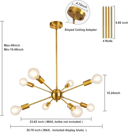 LynPon Gold Sputnik Light Fixture, 8 Lights Plating Golden Chandelier, Modern Dining Room Ceiling Lights Brass Hanging Light Fixtures for Kitchen Living Room Bedroom Entryway Foyer