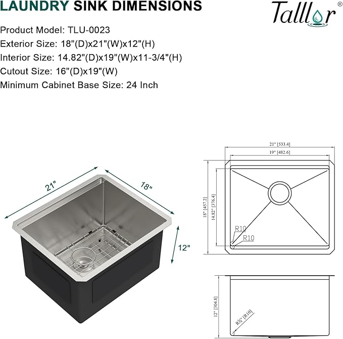12" Deep Undermount Laundry Sink - 21"x18"x12" Workstation Stainless Steel Utility Sink 16 Gauge Single Bowl Sinks for Kitchen, Laundry, and Outdoor #TLU-0022