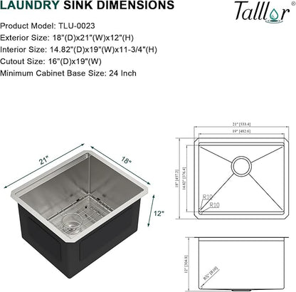 12" Deep Undermount Laundry Sink - 21"x18"x12" Workstation Stainless Steel Utility Sink 16 Gauge Single Bowl Sinks for Kitchen, Laundry, and Outdoor #TLU-0022