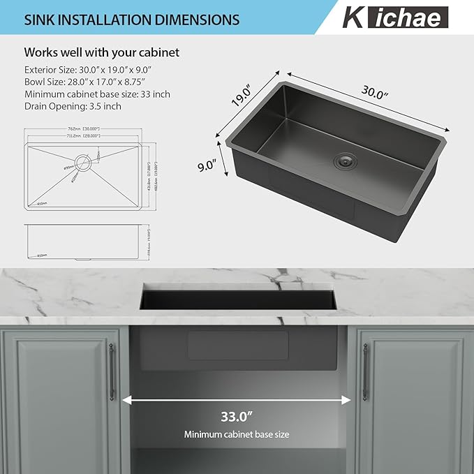 Kichae 30 Black Undermount Kitchen Sink - 30 inch Undermount Sink 18 Gauge Gunmetal Black Stainless Steel Deep Handmade Single Bowl Sink Basin