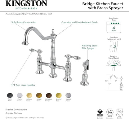 Kingston Brass KS1271TALBS Tudor 8 Inch Center Kitchen Faucet With Brass Sprayer, Polished Chrome, 8-3/4 inch in Spout Reach, Polished Chrome