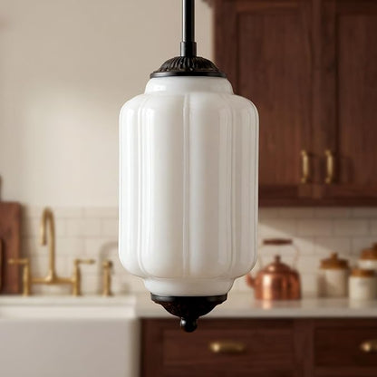 Farmhouse Pumpkin Pendant Light Vintage Milk Glass Shade, Brass Color Adjustable Canopy, Retro Industrial Glass Ceiling Light Fixture for Dining Room, Entryway，Kitchen Island (Black White)
