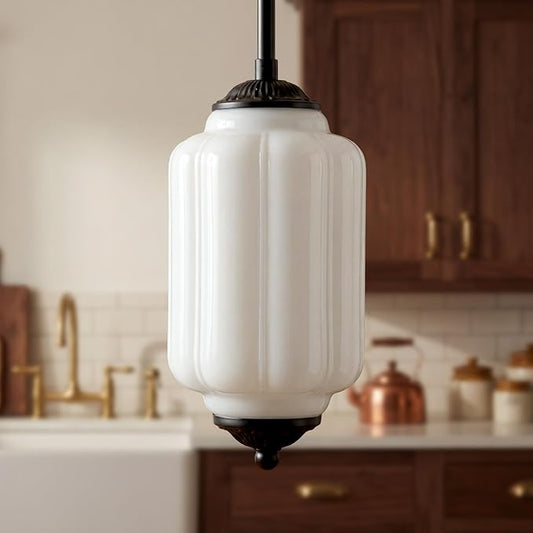Farmhouse Pumpkin Pendant Light Vintage Milk Glass Shade, Brass Color Adjustable Canopy, Retro Industrial Glass Ceiling Light Fixture for Dining Room, Entryway，Kitchen Island (Black White)