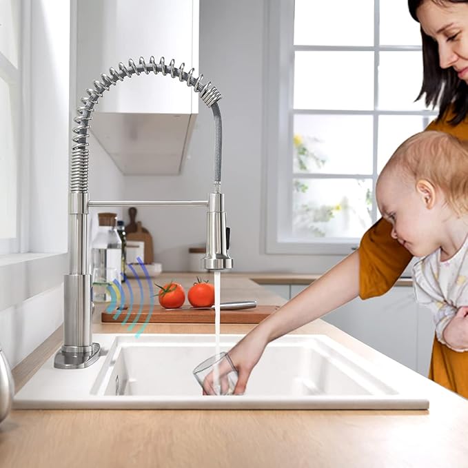 OWOFAN Touchless Kitchen Faucet with Pull Down Sprayer LED Light Single Handle Kitchen Sink Faucet Motion Sensor Smart Hands-Free, Stainless Steel Brushed Nickel 1080SN
