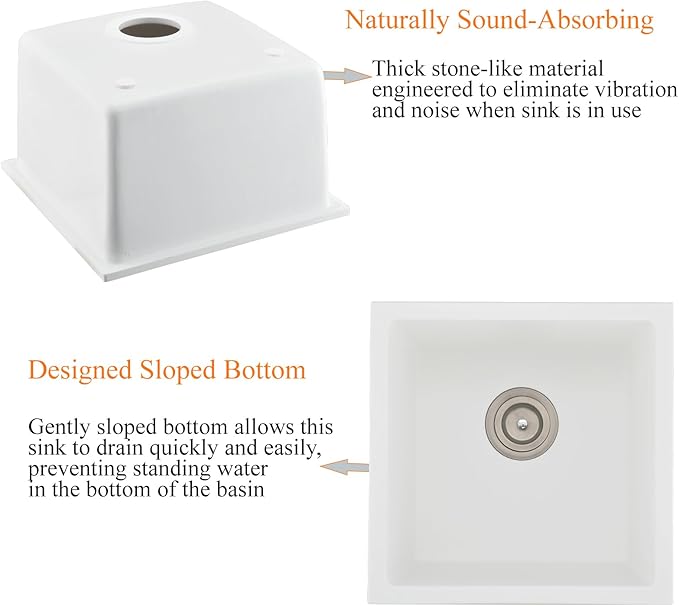 Undermount White Bar Sink, 16x16 Inch Small Granite Composite Wet Bar Sink with Faucet Combo Single Bowl Outdoor Quartz Undermount Sink for Island Station, Small Space
