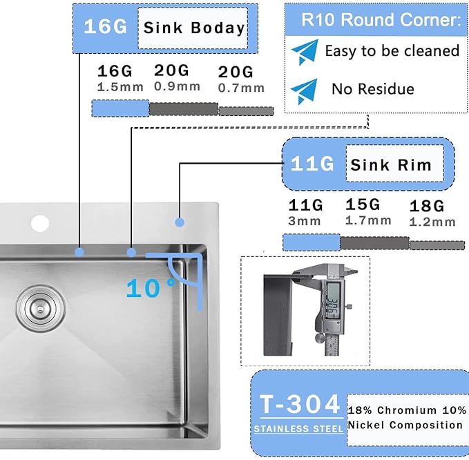 VCCUCINE 28x18 Inch Drop in Kitchen Sink 16 Gauge Top Mount Handmade T304 Brushed Nickel Kitchen Sink,Stainless Steel Single Bowl Workstation Topmount Overmount Sink with Strainer