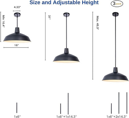 3 Pack Modern Black Kitchen Island Pendant Light 16 inches Metal Shade White inside Finish Gold Accent,Multiple Stems Rods Adjustable Hanging Height Ceiling Lamp E26 for Dining Room Hallway