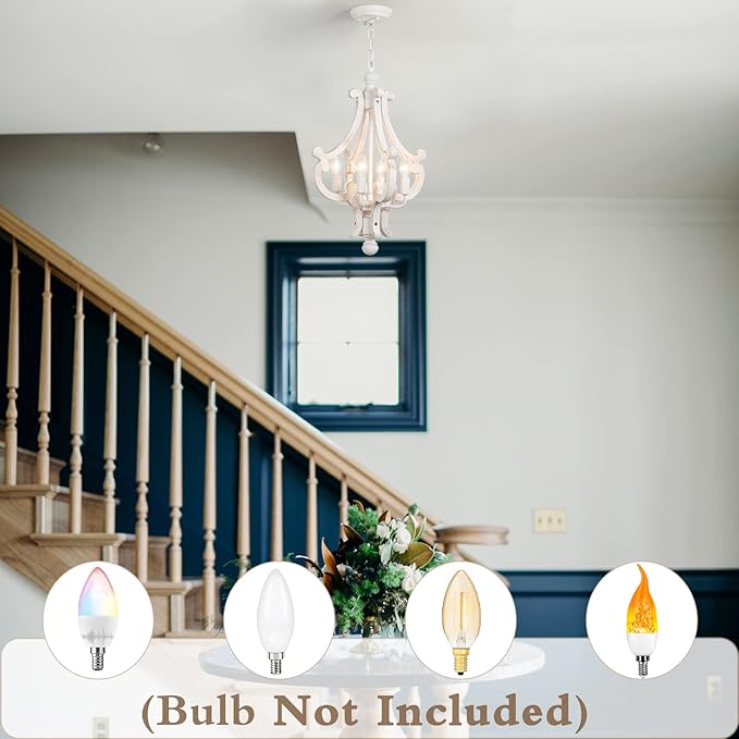 ALISADABOY Farmhouse Rustic Wood Light Fixture Distressed White Dining Room Pendant Chandelier French Country 4 Light Candle Hanging Lamp for Kitchen Island Living Room Bedroom Entryway Foyer