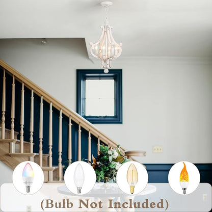 ALISADABOY Farmhouse Rustic Wood Light Fixture Distressed White Dining Room Pendant Chandelier French Country 4 Light Candle Hanging Lamp for Kitchen Island Living Room Bedroom Entryway Foyer