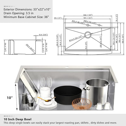33 Inch Farmhouse Sink Drop In-VASOYO 33x22 Kitchen Sink Drop In Stainless Steel Farmhouse Sinks Workstation 16 Gauge Single Bowl Apron Front Farm Deep Top Mount Kitchen Sinks with Cutting Board