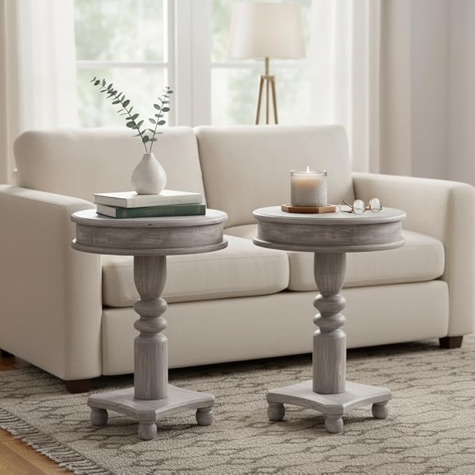 SUNBURY Set of 2 Round Side Tables, Small Drink Tables for Small Spaces, Modern Accent Nightstands with MDF Wood Legs for Living Room, Bedroom, Office, and Corners (Grey)
