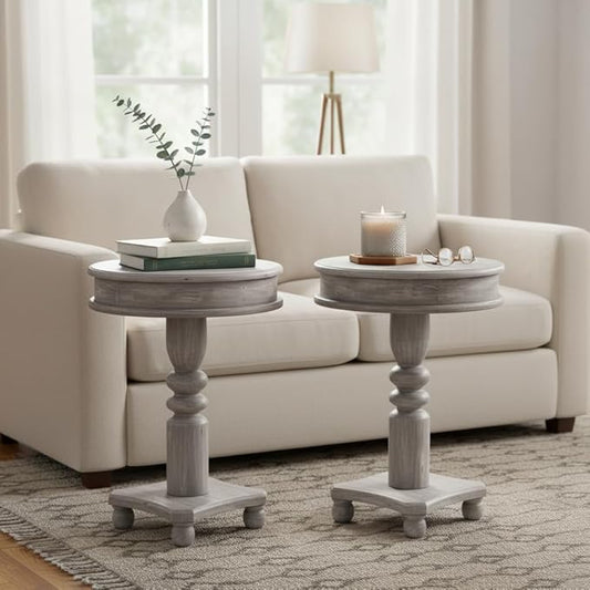 SUNBURY Set of 2 Round Side Tables, Small Drink Tables for Small Spaces, Modern Accent Nightstands with MDF Wood Legs for Living Room, Bedroom, Office, and Corners (Grey)