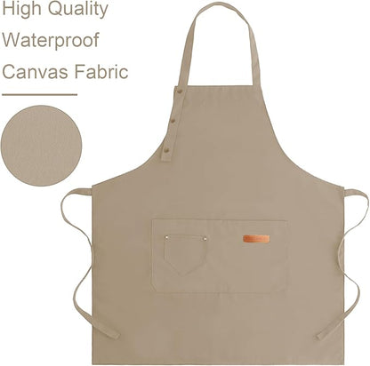 Apron for Men Women with Adjustable Straps and Large Pockets, Canvas Cotton Cooking Kitchen Chef Bib Aprons Waterproof Beige