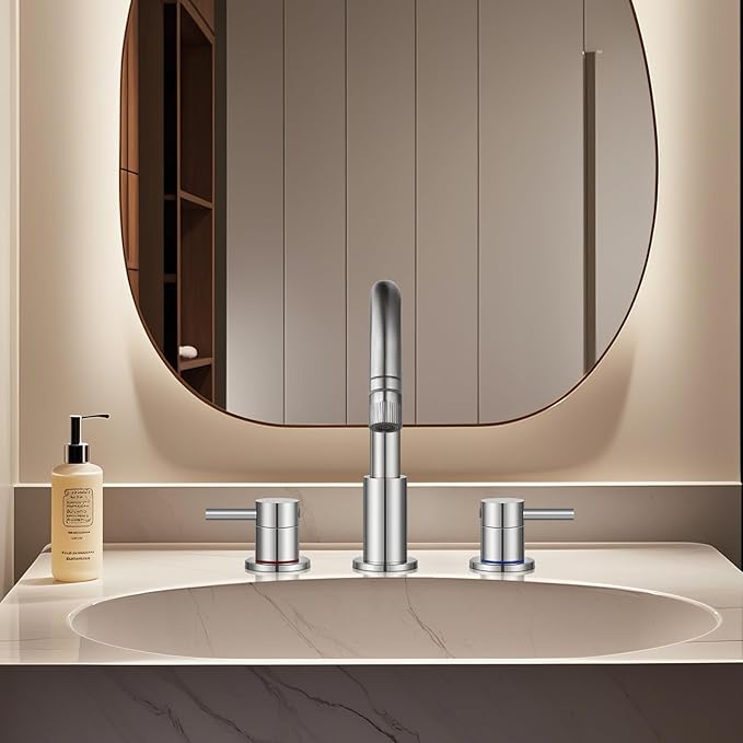 FGKQ Brushed Nickel Bathroom Faucet 3 Hole with Pull Down Sprayer 2 Modes, Pull Down Bathroom Sink Faucet with Pop Up Drain, 8 Inch Widespread Bathroom Faucet