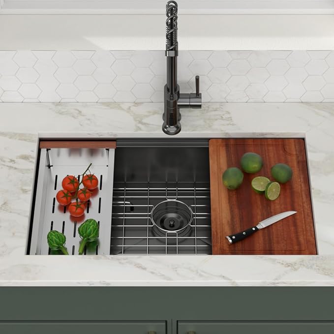 Logmey 30x19 Gunmetal Black Undermount Kitchen Sink 30 Inch Workstation Nano-PVD Stainless Steel Sinks 16 Gauge Single Bowl Kitchen Sink with Accessories 30x19x9
