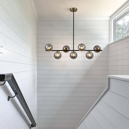 KCO Lighting Black and Gold Linear Kitchen Pendant Lighting Mid Century Modern Chandelier 7-Light Smoke Glass Globe Chandelier Vintage Dining Room Light Fixtures
