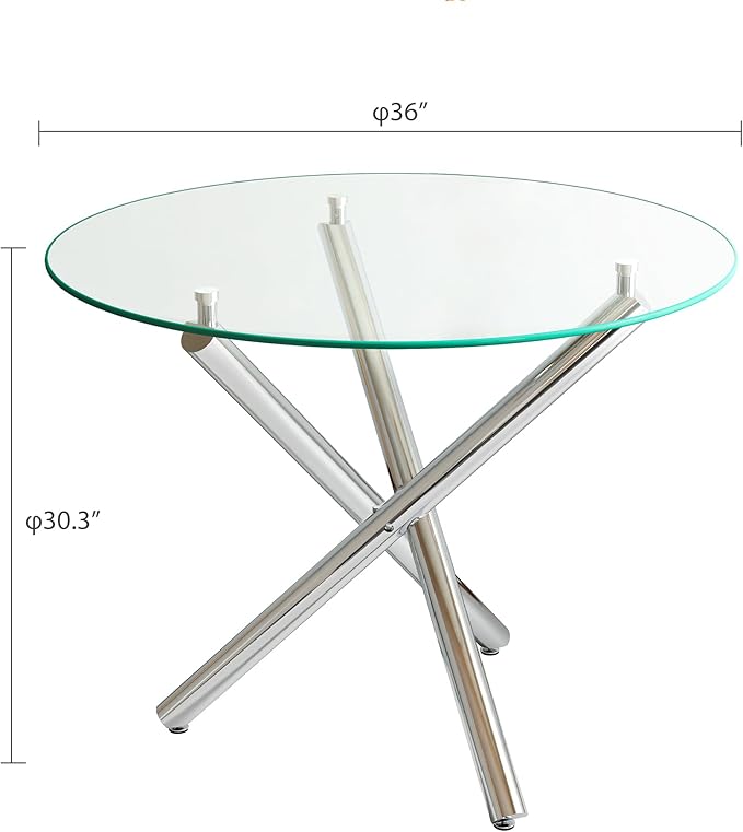 36" Round Glass Dining Table for 4, Modern Dining Room Table with Silver Metal Cross Legs, Adjustable Foot Pads, Tempered Glass Top Kitchen Dinner Tables for Kitchen Dining Room Small Apartment