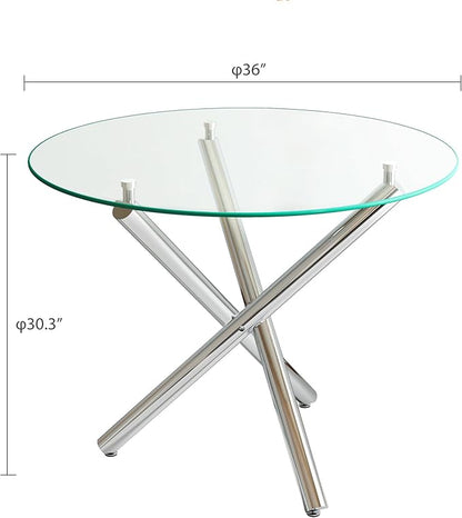 36" Round Glass Dining Table for 4, Modern Dining Room Table with Silver Metal Cross Legs, Adjustable Foot Pads, Tempered Glass Top Kitchen Dinner Tables for Kitchen Dining Room Small Apartment