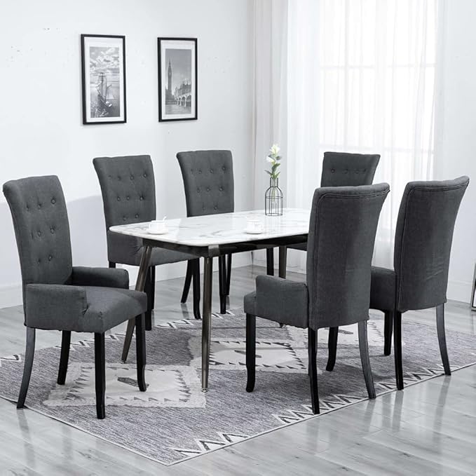6-Piece Dark Gray Fabric Dining Chairs with Armrests, Solid Oak Wood Frame Modern Farmhouse Kitchen and Dining Room Chairs Set, Comfortable Upholstered Seating for Home Restaurant