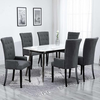 6-Piece Dark Gray Fabric Dining Chairs with Armrests, Solid Oak Wood Frame Modern Farmhouse Kitchen and Dining Room Chairs Set, Comfortable Upholstered Seating for Home Restaurant