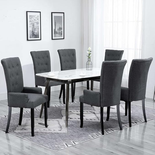 6-Piece Dark Gray Fabric Dining Chairs with Armrests, Solid Oak Wood Frame Modern Farmhouse Kitchen Chairs for Dining Room, Living Room and Comedor Furniture
