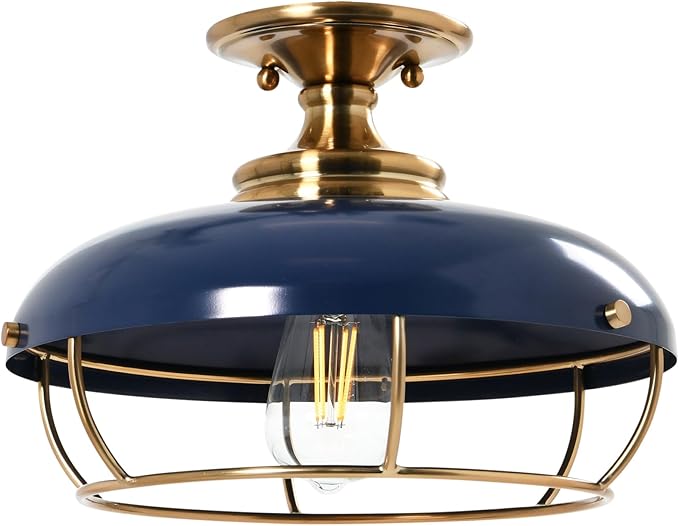 Presley Caged Dome Metal Semi-Flush Mount Ceiling Light, Brushed Brass and Navy Blue