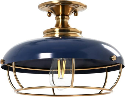 Presley Caged Dome Metal Semi-Flush Mount Ceiling Light, Brushed Brass and Navy Blue