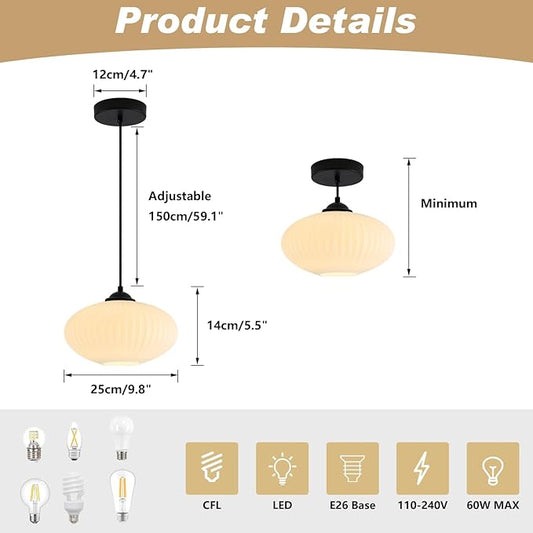KCO Lighting Large White Globe Pendant Light Ribbed Milk Glass Pendant Light Frosted Matte Black Pendant Lights Farmhouse Pendant Light Fixtures Kitchen Dining Room (2 Pack)