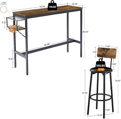 Wycian Kitchen Island Table, Bar Height Outdoor Table 3PCS Particle Board Rustic Brown with Wine Bottle Storage Rack Living Room Bedroom