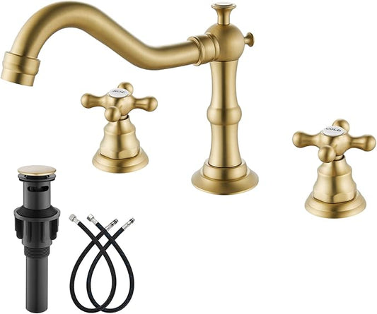 gotonovo Bathroom Faucet 3 Hole 8 Inch Widespread Bathroom Sink Faucet 2 Cross Handles Vintage Lavatory Vanity Mixer Tap with Pop Up Drain, HOT Cold Label, Brushed Gold