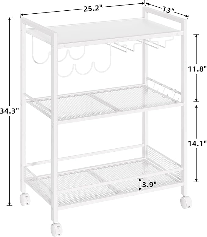 Joaxswe Bar Cart, Home Bar Serving Cart with 3-Tier Shelf,Microwave Cart with Lockable Wheels,Mobile Kitchen Shelf,Rolling Beverage Cart with Wine Rack and Glass Holder for Kitchen,Dinning Room,White